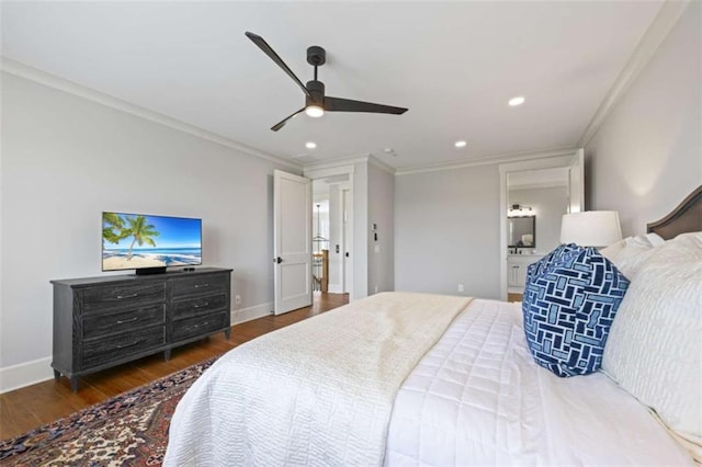 bedroom with ceiling fan, dark hardwood / wood-style flooring, and crown molding