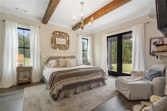 bedroom featuring dark wood-type flooring, an inviting chandelier, french doors, access to exterior, and beamed ceiling