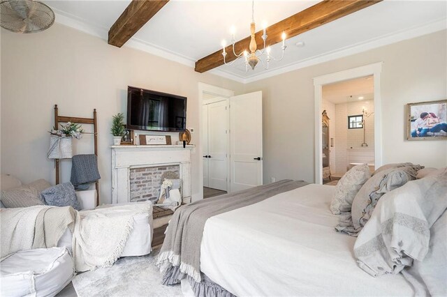 bedroom with ensuite bathroom, ornamental molding, beam ceiling, hardwood / wood-style flooring, and a notable chandelier