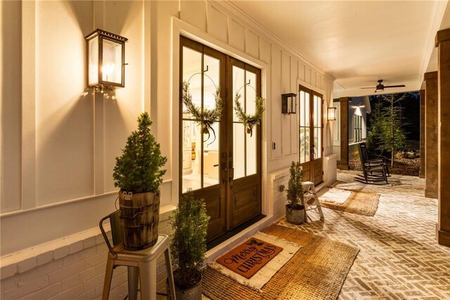 exterior space with french doors, a porch, and ceiling fan