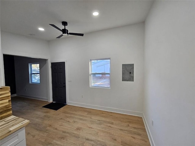 spare room with electric panel, a wealth of natural light, ceiling fan, and light hardwood / wood-style floors