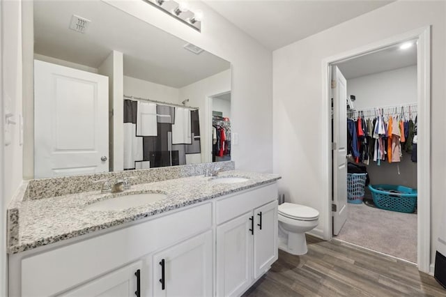 bathroom featuring toilet, vanity, and hardwood / wood-style flooring