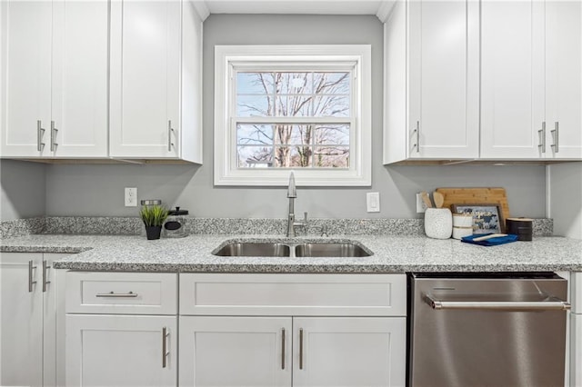 kitchen featuring white cabinetry, stainless steel dishwasher, and sink