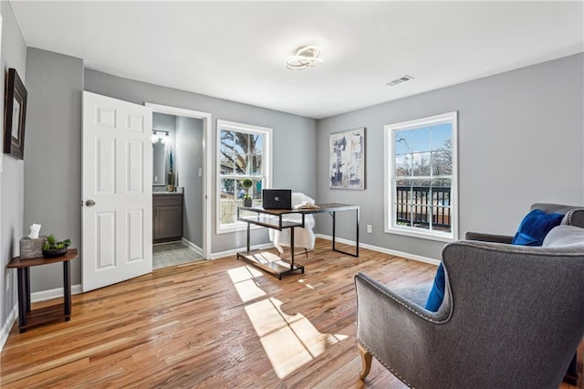 home office featuring light hardwood / wood-style floors and a healthy amount of sunlight