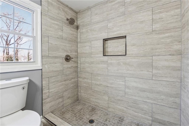 bathroom with a tile shower and toilet