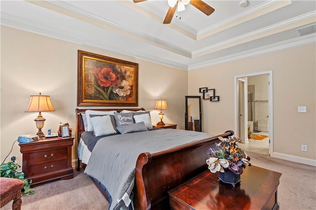 bedroom featuring baseboards, visible vents, a tray ceiling, light carpet, and crown molding