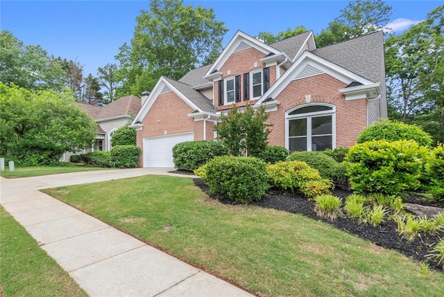 traditional home featuring brick siding, concrete driveway, a front lawn, a shingled roof, and an attached garage