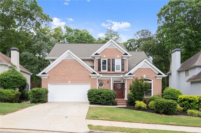 traditional-style home featuring brick siding, driveway, and a front yard