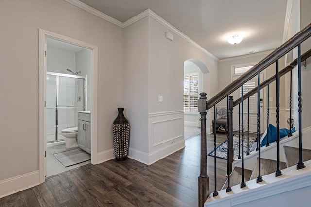 foyer with ornamental molding and dark hardwood / wood-style floors