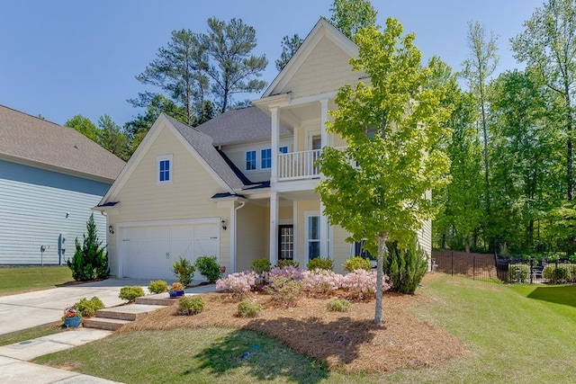 view of front of property featuring a garage, a balcony, driveway, and a front yard