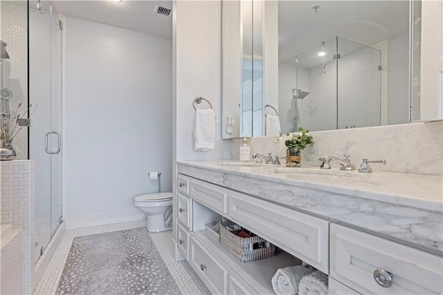 1820 Peachtree St Unit 614, Atlanta, GA 30309 - full bath with a shower stall, toilet, double vanity, and tile patterned floors