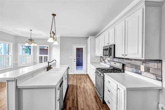 kitchen featuring white cabinetry, stainless steel appliances, tasteful backsplash, sink, and a center island with sink