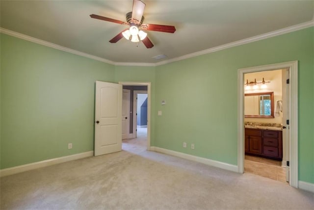 unfurnished bedroom with light carpet, connected bathroom, ornamental molding, and ceiling fan