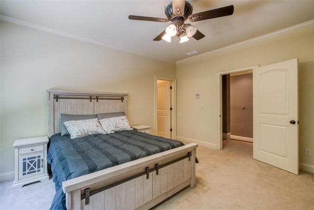 bedroom with light carpet, ornamental molding, and ceiling fan