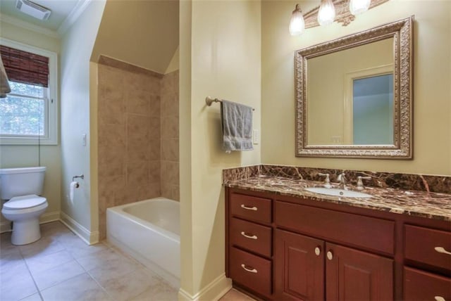 full bathroom with toilet, crown molding, bathing tub / shower combination, tile floors, and oversized vanity