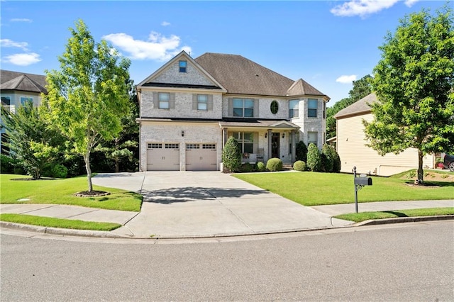 view of front of property featuring a garage and a front lawn