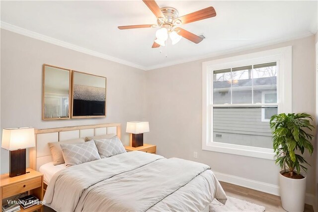706 S Grand Ave NW, Atlanta, GA 30318 - bedroom featuring baseboards, wood finished floors, crown molding, and ceiling fan