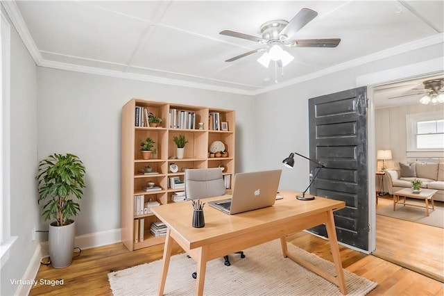 706 S Grand Ave NW, Atlanta, GA 30318 - office area with ceiling fan, light wood-style floors, baseboards, and crown molding