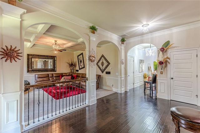 1405 Rainey Way, Hampton, GA 30228 - entrance foyer with arched walkways, wood finished floors, beam ceiling, crown molding, and ceiling fan