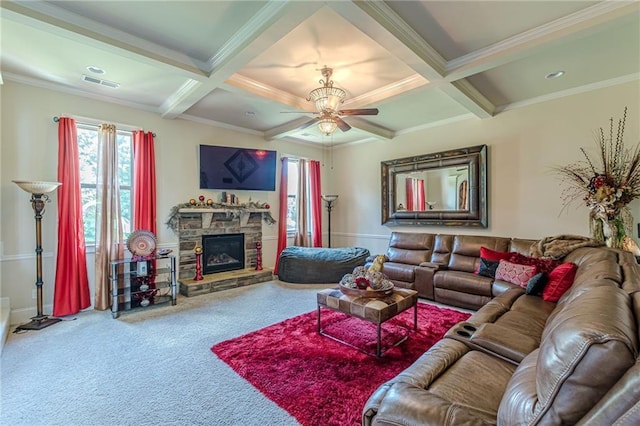 1405 Rainey Way, Hampton, GA 30228 - living area featuring plenty of natural light, carpet flooring, coffered ceiling, ceiling fan, and beamed ceiling