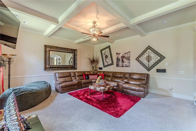 1405 Rainey Way, Hampton, GA 30228 - carpeted living area featuring coffered ceiling, beamed ceiling, crown molding, and ceiling fan