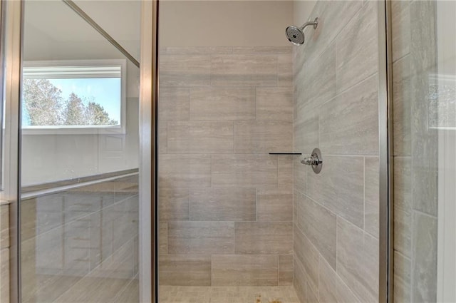 bathroom featuring a shower with shower door