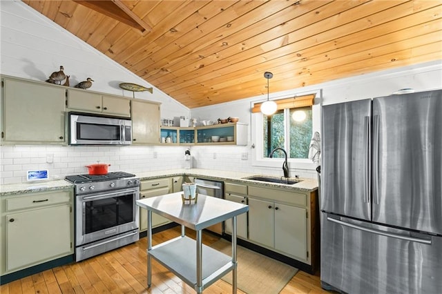 kitchen featuring decorative backsplash, lofted ceiling, appliances with stainless steel finishes, wooden ceiling, and sink