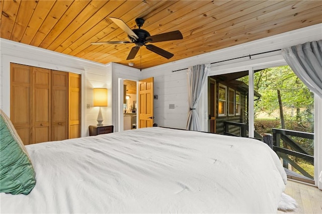 bedroom featuring ceiling fan, light wood-type flooring, access to outside, and wooden ceiling