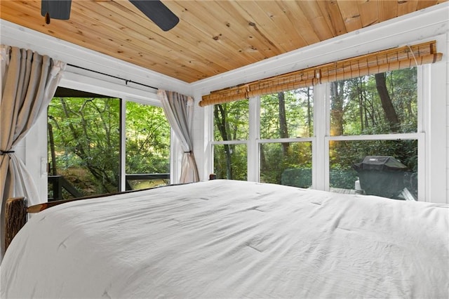 bedroom with ceiling fan and wood ceiling