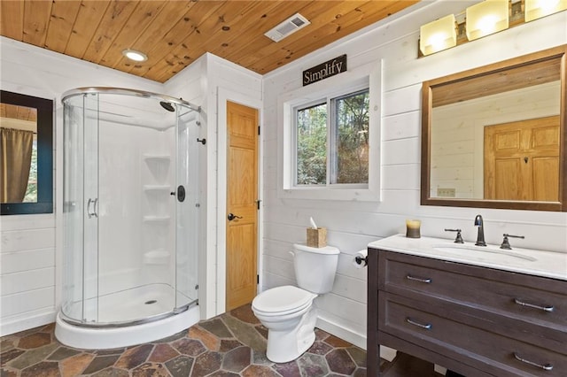 bathroom with wooden walls, wooden ceiling, and an enclosed shower