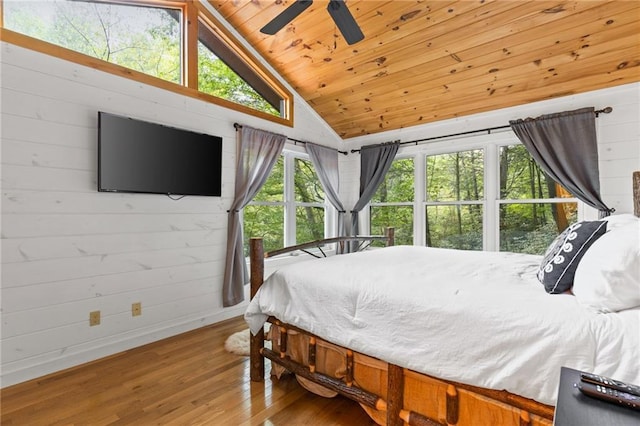 bedroom with wooden ceiling, hardwood / wood-style floors, ceiling fan, wood walls, and high vaulted ceiling