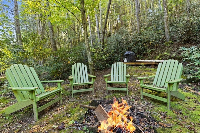 view of yard with a fire pit