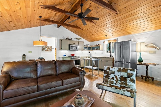 living room featuring sink, vaulted ceiling with beams, ceiling fan, light hardwood / wood-style floors, and wood ceiling