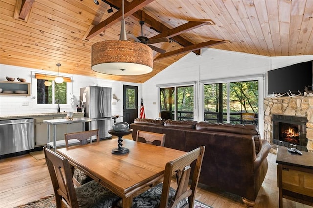 dining area featuring sink, wooden ceiling, vaulted ceiling with beams, light wood-type flooring, and a stone fireplace