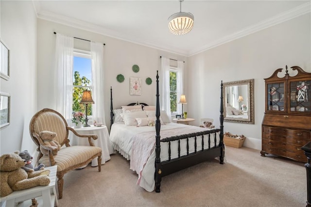 bedroom with light colored carpet, crown molding, and an inviting chandelier