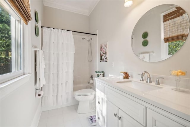 full bathroom with toilet, plenty of natural light, ornamental molding, and vanity