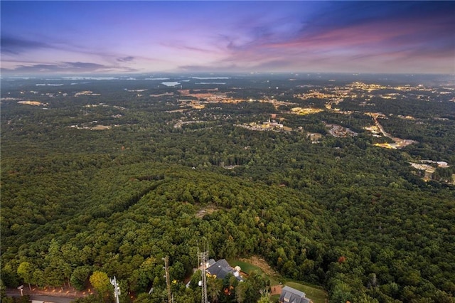 aerial view at dusk with a wooded view