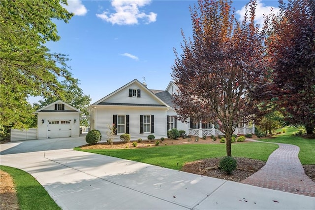 view of front of property with concrete driveway, an outdoor structure, and a front yard