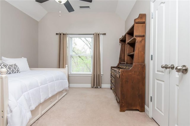 107 Estates At The Lake Dr, Canton, GA 30114 - bedroom featuring visible vents, baseboards, ceiling fan, light colored carpet, and lofted ceiling