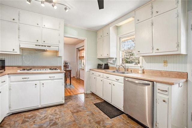 kitchen with white gas stovetop, white cabinetry, under cabinet range hood, and stainless steel dishwasher