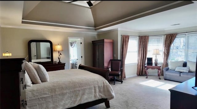 bedroom featuring carpet flooring, multiple windows, a raised ceiling, and ornamental molding