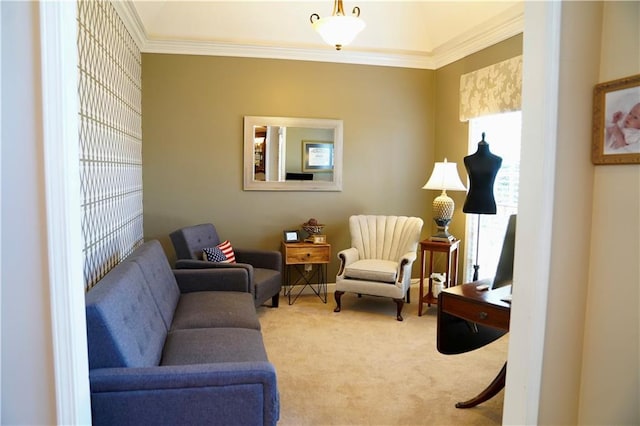 living area with crown molding and carpet