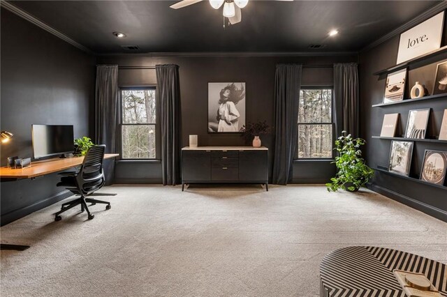 2660 Burnt Hickory Dr, Cumming, GA 30028 - office area with carpet, ornamental molding, healthy amount of natural light, a ceiling fan, and recessed lighting