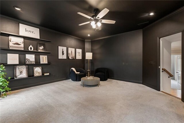 2660 Burnt Hickory Dr, Cumming, GA 30028 - sitting room with carpet floors, crown molding, ceiling fan, and baseboards
