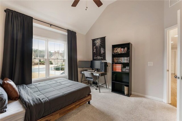 2660 Burnt Hickory Dr, Cumming, GA 30028 - carpeted bedroom featuring high vaulted ceiling, baseboards, and a ceiling fan