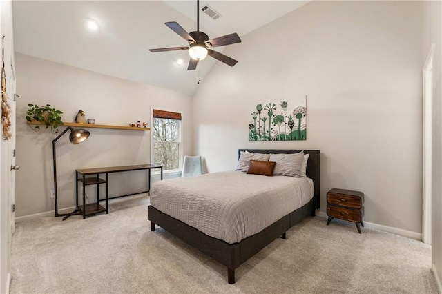 2660 Burnt Hickory Dr, Cumming, GA 30028 - carpeted bedroom featuring baseboards, high vaulted ceiling, and a ceiling fan