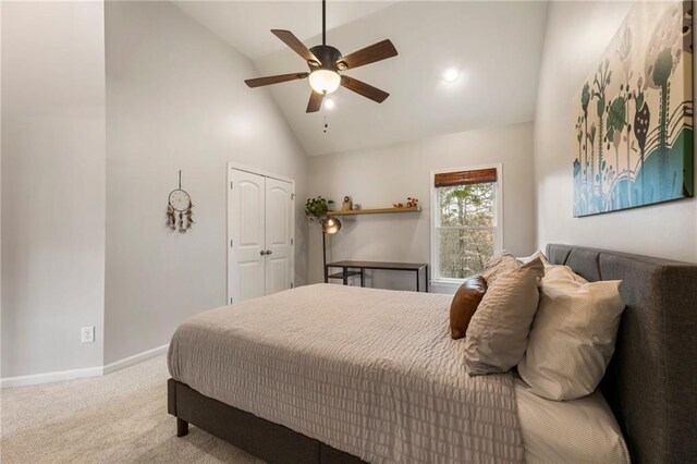2660 Burnt Hickory Dr, Cumming, GA 30028 - bedroom featuring high vaulted ceiling, carpet, baseboards, a ceiling fan, and a closet