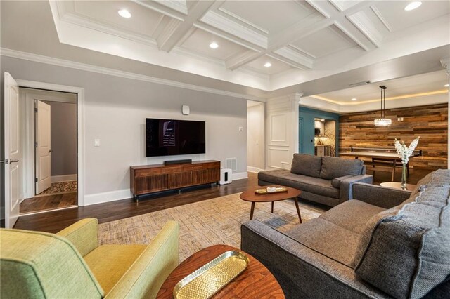 2660 Burnt Hickory Dr, Cumming, GA 30028 - living room with baseboards, wood finished floors, recessed lighting, decorative columns, and crown molding
