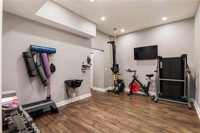 2660 Burnt Hickory Dr, Cumming, GA 30028 - exercise room with wood finished floors, baseboards, and recessed lighting