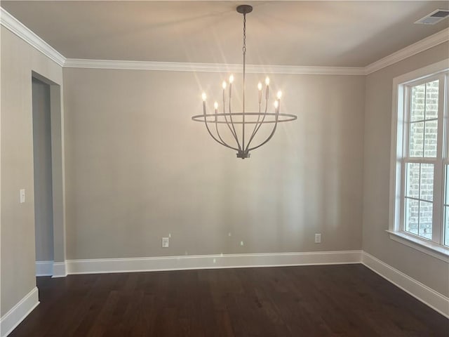 unfurnished dining area with crown molding, a notable chandelier, and dark hardwood / wood-style flooring